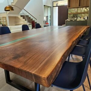 Custom black walnut epoxy river boardroom table angled view