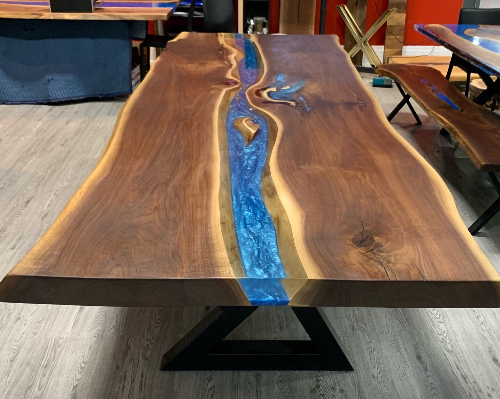 10ft-black-walnut-caribbean-blue-epoxy-river-dining-table-riverside-workshop 10ft black walnut Caribbean blue epoxy river dining table handcrafted in Canada
