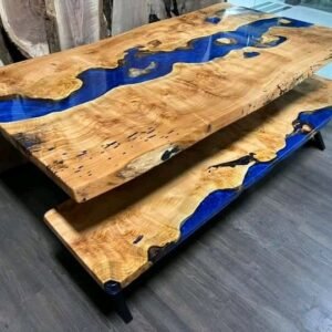 Willow Burl with "Night Sky Blue" Epoxy River Table with Matching Benches