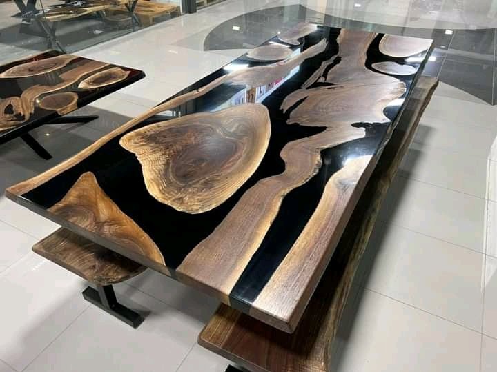 live-edge-dining-table-black-epoxy-matching-benches Live edge dining table with black epoxy river and matching benches
