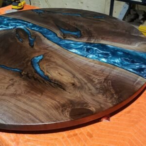 Round 60 inch live edge epoxy river dining table handcrafted in Canada