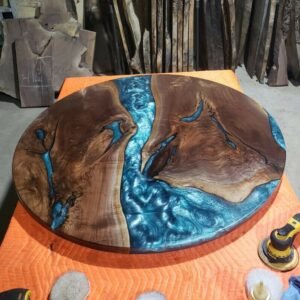 5ft round live edge epoxy river table water effect finish top view