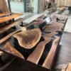 10ft black epoxy river island live edge dining table with matching benches Canada