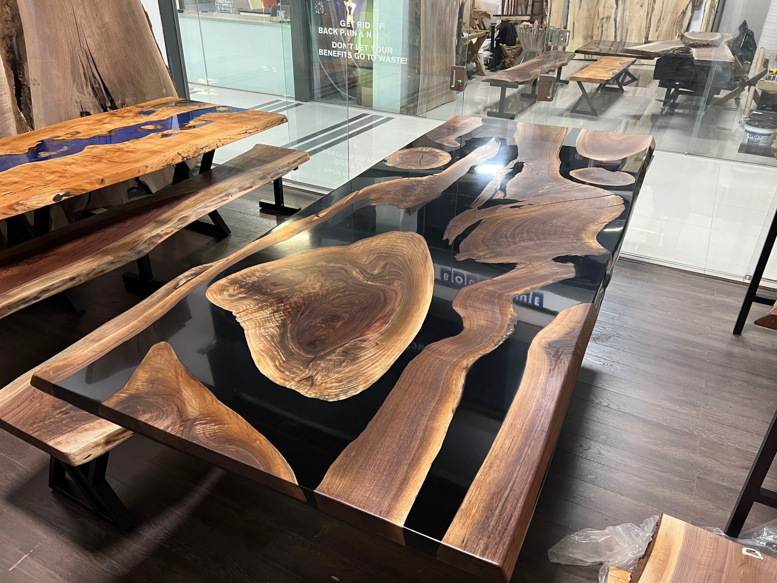 10ft-black-epoxy-river-island-live-edge-dining-table-with-benches 10ft black epoxy river island live edge dining table with matching benches Canada