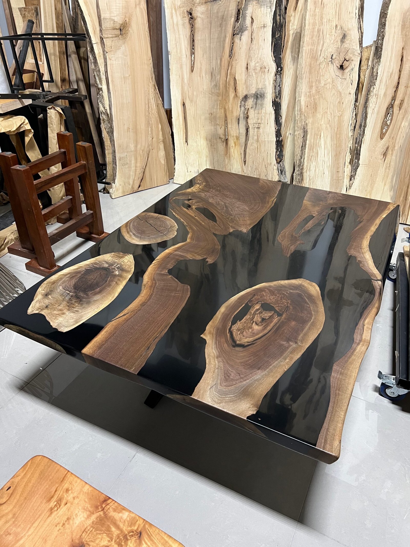 black-epoxy-river-coffee-table-matching-dining-set-top-view Black epoxy river coffee table matching live edge dining set top view