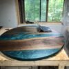 Round walnut dining table teal epoxy mica powder detail