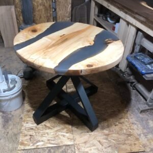 3ft D Smokey Grey Epoxy River Ambrosia Maple + Steel Legs
