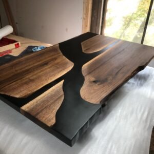 4ft live edge black walnut epoxy river coffee table side profile