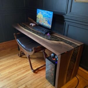 Black Walnut Epoxy Waterfall Desk with Pebbles & Antique Tools Cast in Clear Epoxy — 5ft 10″ x 21″