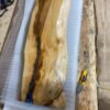 Maple live edge console table calcite blue epoxy highlights angled view