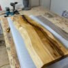 Live edge maple console table with calcite blue epoxy highlights handcrafted in Canada