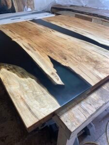 5ft square ambrosia maple semi-clear black epoxy river coffee table handcrafted in Canada