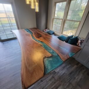9ft live edge black walnut turquoise epoxy river dining table handcrafted in Canada