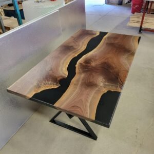 Walnut Black Epoxy Live Edge 72" x 42" x 2" Black Brushed Metal Legs