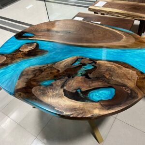 Round Blue Epoxy Live Edge River Table with Gold Legs