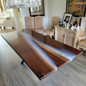 8ft Smokey White Epoxy Black Walnut Dining Table