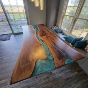 Live edge black walnut turquoise epoxy river dining table full view