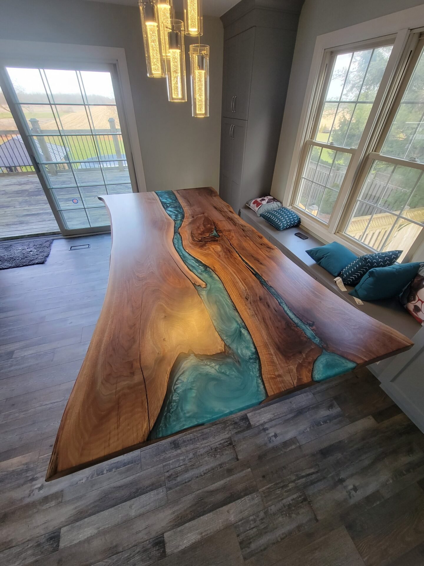 live-edge-walnut-turquoise-epoxy-dining-table-full-view Live edge black walnut turquoise epoxy river dining table full view