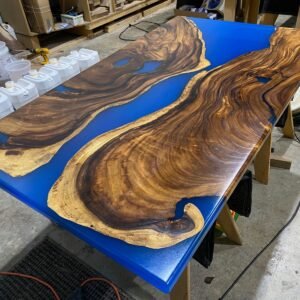 Monkey Pod Blue Epoxy River Table with Custom Legs